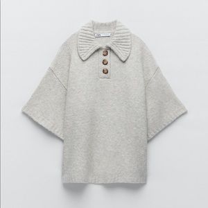 ZARA Wool Blend Oversized Large Button Knit Sweater Polo Top Size S Gray